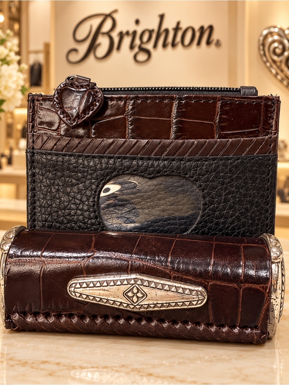 Brighton Crocodile Black and Brown Leather Card Holder Lipstick Case Set